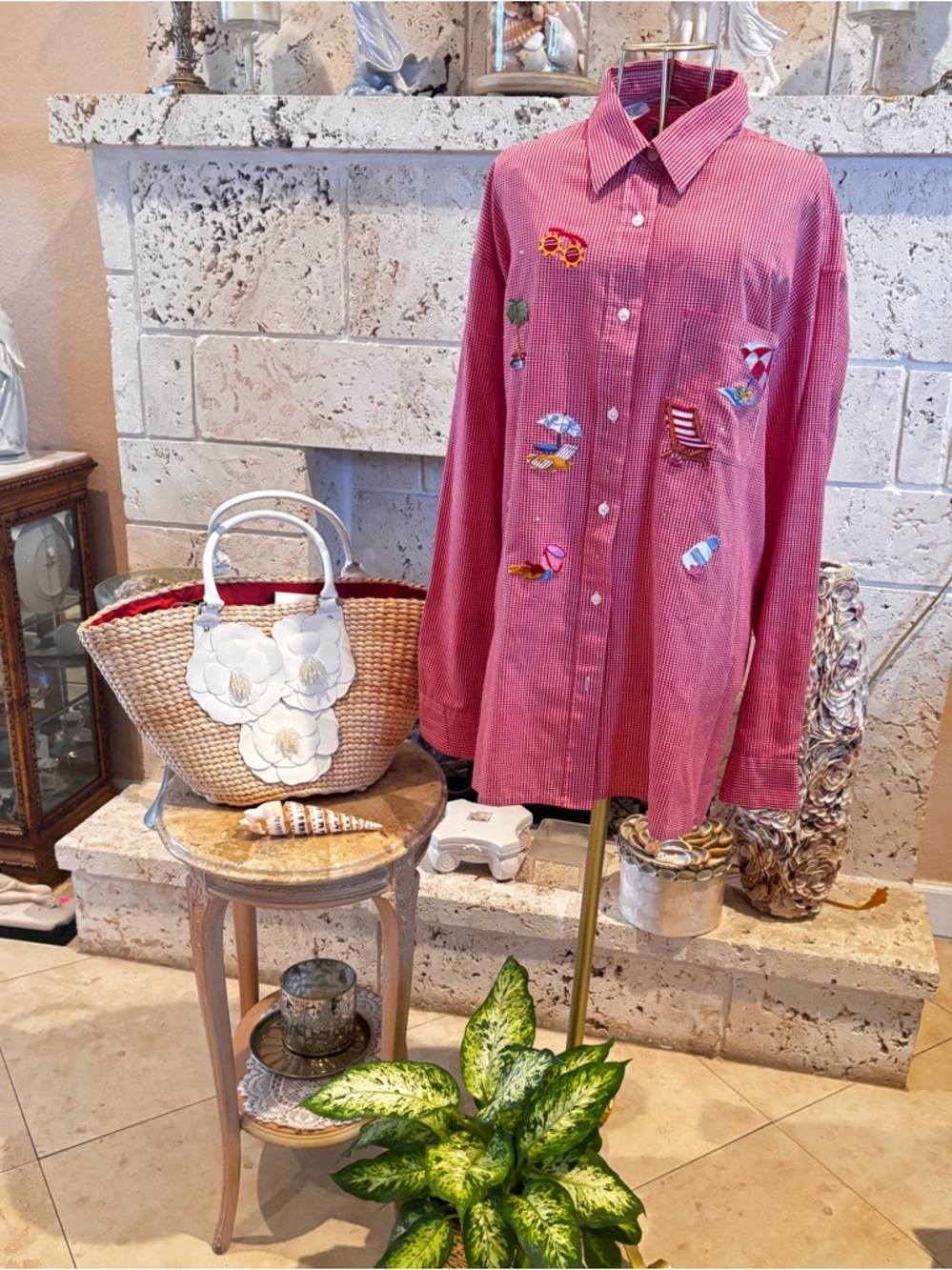 Coastal Beach Embroidered Gingham Button Down Shirt 1X Vacation Vibes - Picture 2 of 8